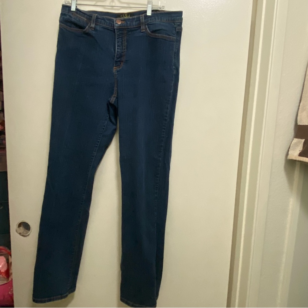 NYDJ Womens Blue Dark Wash Denim Jeans Size 16  34x33 Tummy Tuck Straight Leg